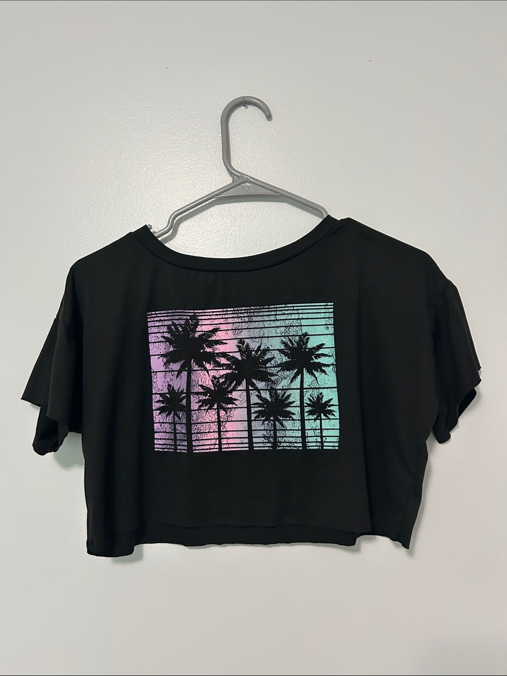 Black Crop Tee with Pastel Palm Tree Graphic